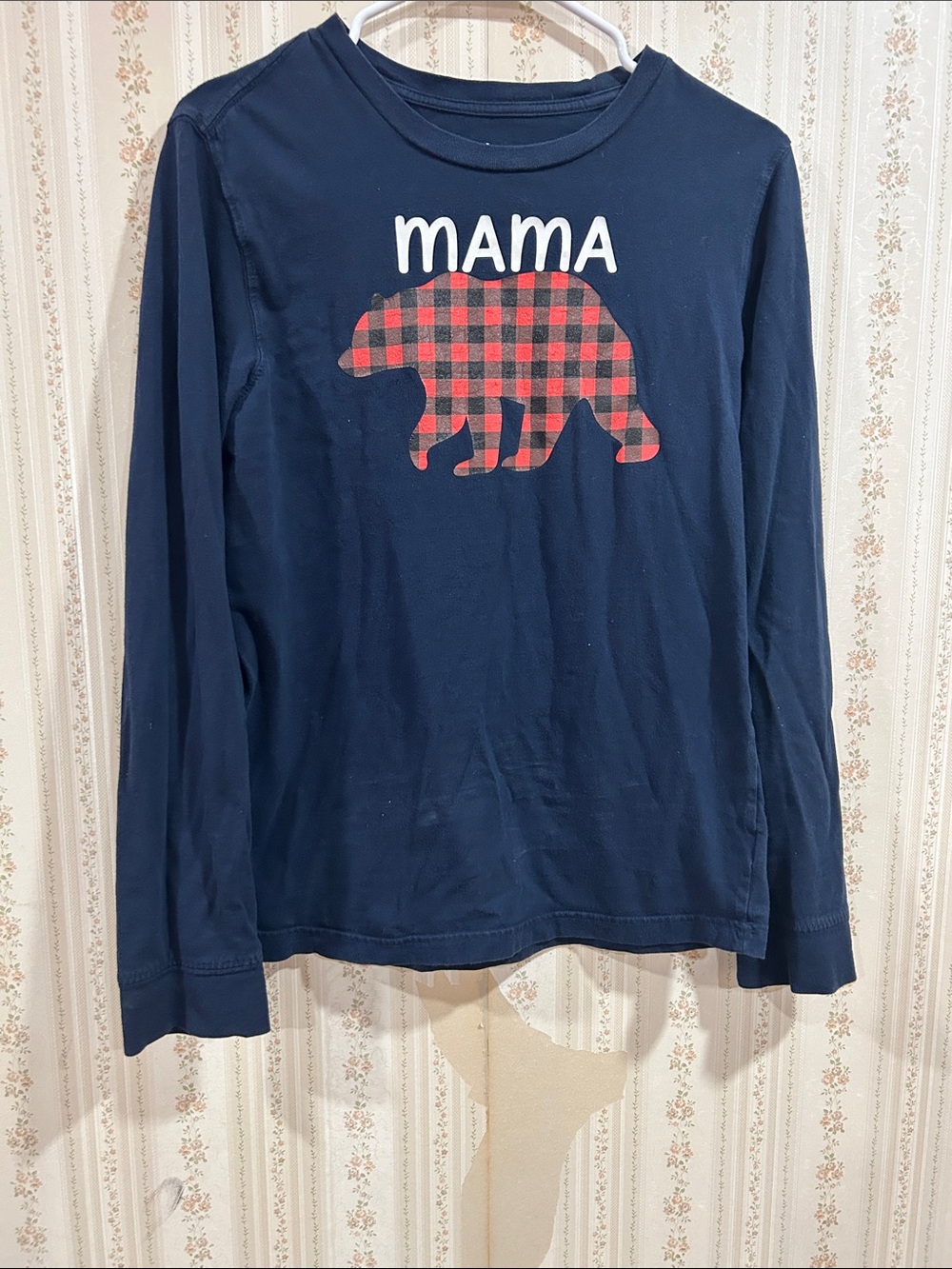 George Navy Long-Sleeve Tee with Red Buffalo Plaid Bear and White MAMA